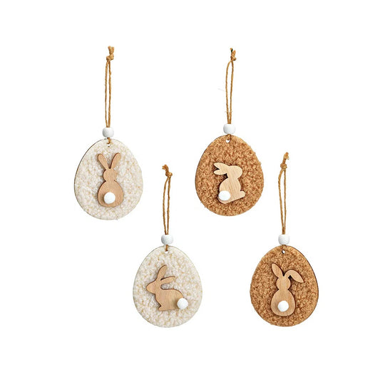 Osteranhänger flaches Holzei mit Plüsch und Hase 6x7cm