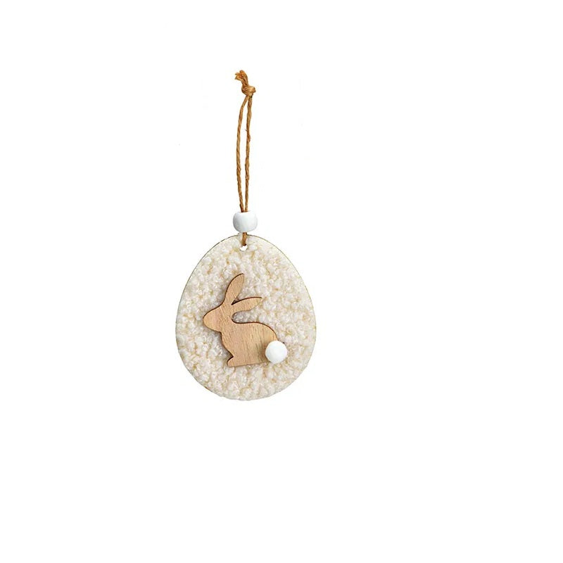 Osteranhänger flaches Holzei mit Plüsch und Hase 6x7cm