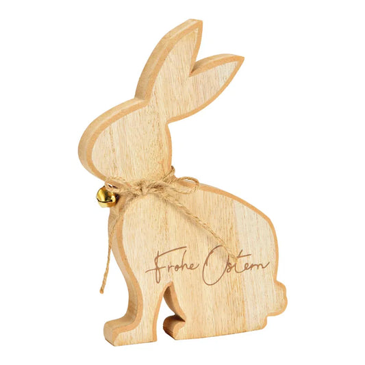 Osterhase aus Holz mit dem Schriftzug "Frohe Ostern" und einem goldenen Glöckchen 12x20x2cm